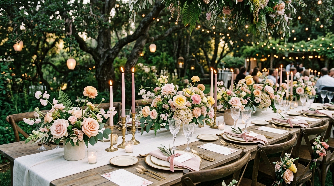A long dinner table set in a garden with candles and flowers
